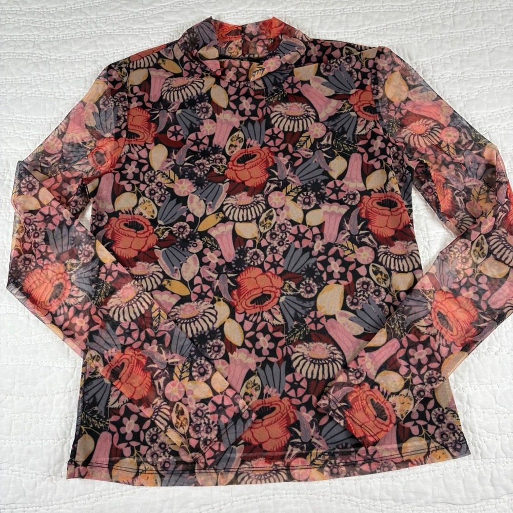 By Anthropologie Floral Mesh Mock Neck XS Long Sleeve Top Sheer Boho Artsy Retro
